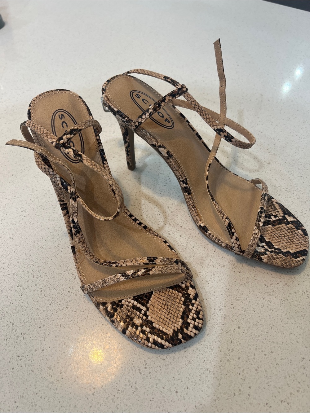 SCOOP Snake-Print Strappy Sandals in Beige